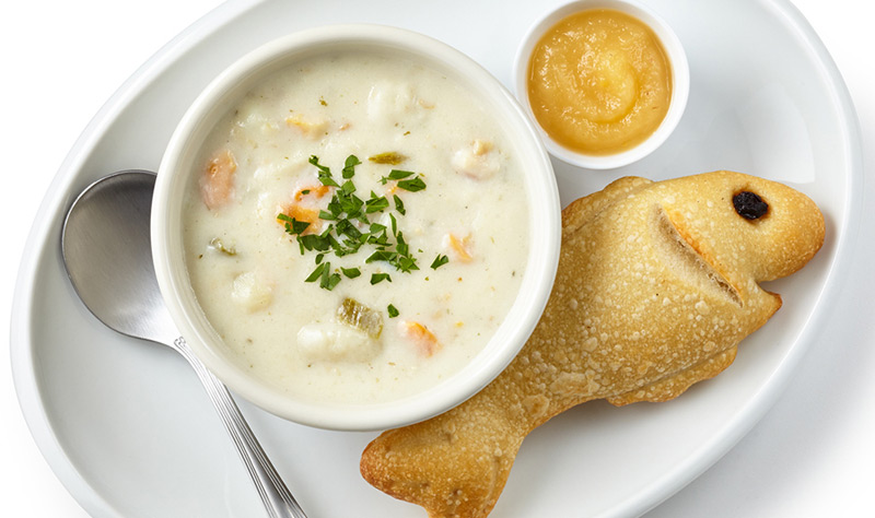 Bowl of Clam Chowder with Sourdough Fish Bread