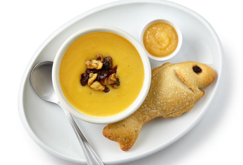 Bowl of Butternut Squash with Sourdough Fish Bread (contains nuts)